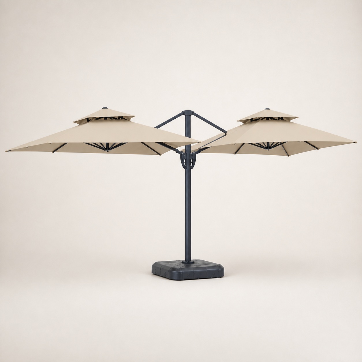 Dual-canopy cantilever parasol system in a three-quarter view
