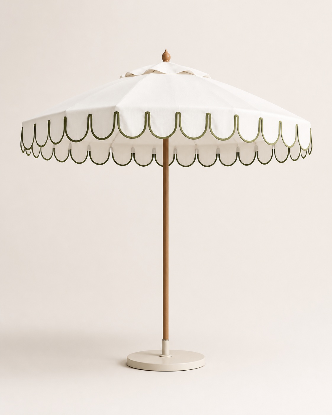 Ivory parasol with moss-green scalloped piping