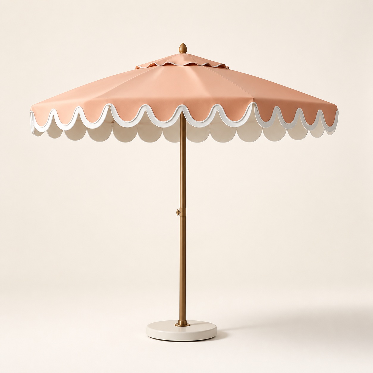 Salmon parasol with white scalloped trim