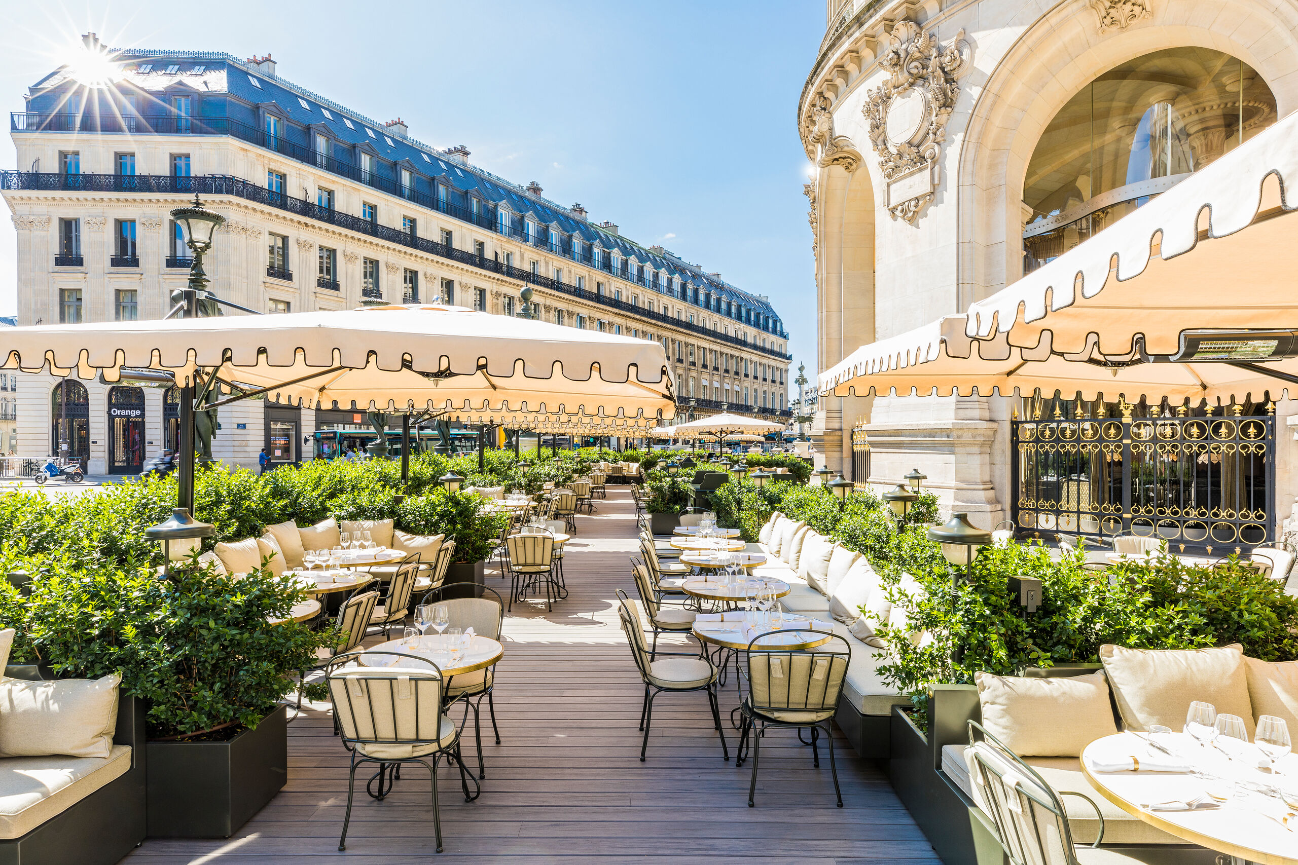 Cantilever parasols across a hospitality terrace